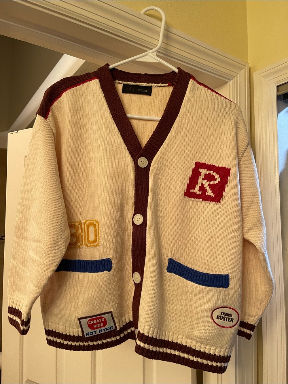 Zara Kids Cream Cardigan with Patches - Burgundy Trim and Blue Pocket Accents